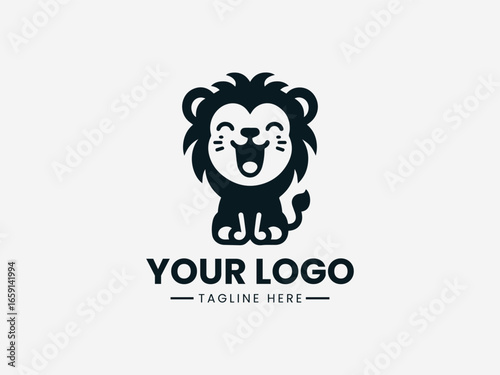 Adorable baby lion or tiger cub attempting a mighty roar in playful vector logo