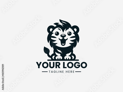 Adorable baby lion or tiger cub attempting a mighty roar in playful vector logo