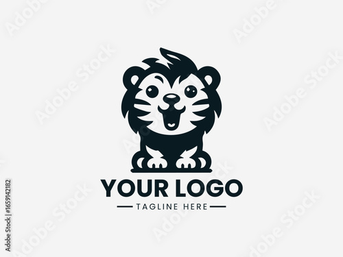 Adorable baby lion or tiger cub attempting a mighty roar in playful vector logo