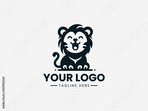 Adorable baby lion or tiger cub attempting a mighty roar in playful vector logo