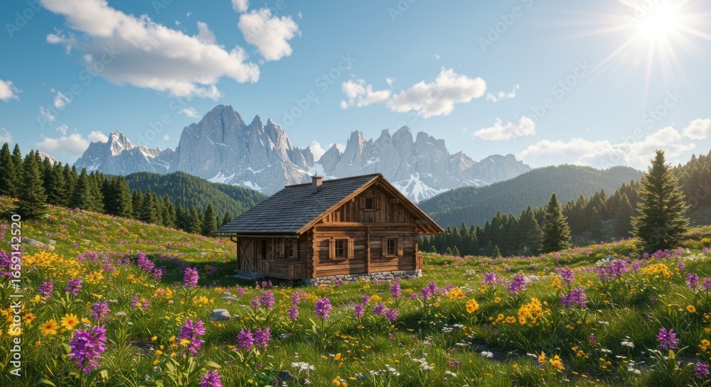 Fototapeta premium Alpine chalet nestled in a vibrant meadow, bathed in sunlight, overlooking majestic mountains