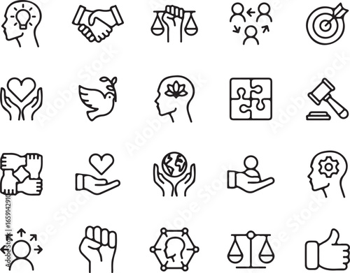 Set of linear icons representing peace justice equality and social issues