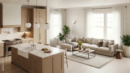 Elegant open-concept living space with modern kitchen island and comfortable lounge area designed