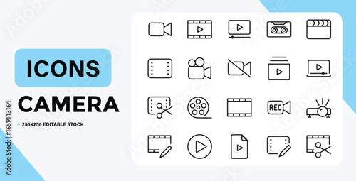Collection of video and camera icons in a simple line style design