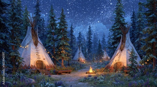 Night scene of a Native American village nestled in a pine forest under a starry sky