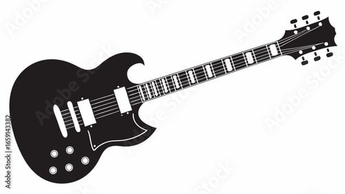 Illustration of a solid body electric guitar with a black finish and white accents in a vector format