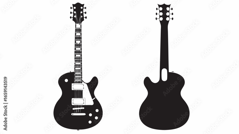 Naklejka premium Two black electric guitars one facing front and one facing back in a white background illustration