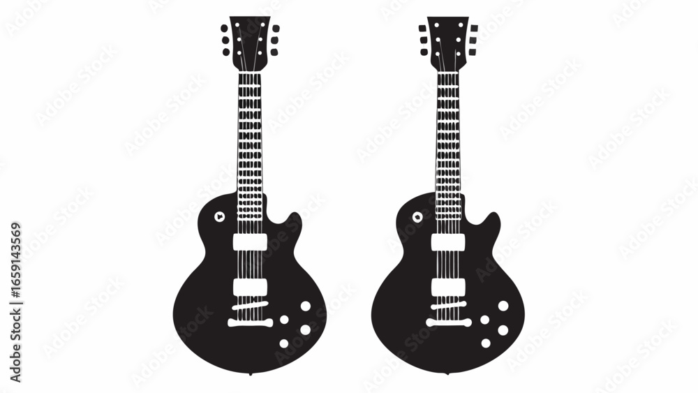 Fototapeta premium Two identical black electric guitars with visible strings and tuning pegs on a white background