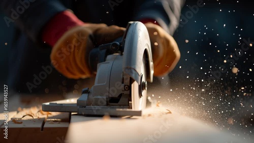 Carpenter using circular saw power tool cutting wood with flying sawdust and glowing particles in woodworking workshop environment close up
