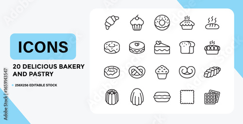 Bakery and pastry products line art icon set on white background