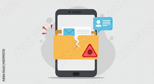 Urgent alert on smartphone showing damaged file folder with virus warning symbol and notification bubble, digital data corruption concept