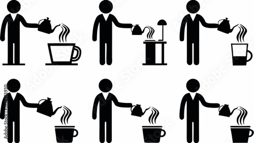 Illustrations of stick figures pouring liquid from a teapot into cups and onto a coffee maker stand silhouette