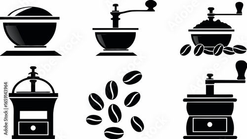Illustration of coffee grinders and coffee beans in black and white vector format design artwork graphic silhouette