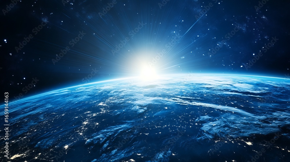 Fototapeta premium Earth from space, sunrise, stars, vastness