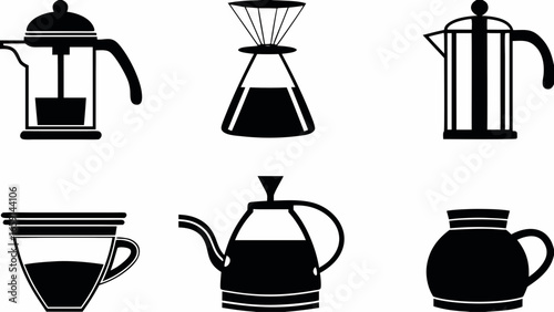 Illustration of various coffee brewing methods including french press pour over kettle and a coffee cup view 100 silhouette