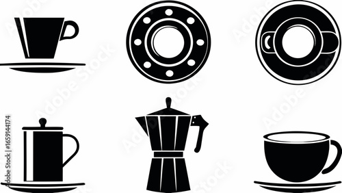 Illustration featuring coffee cups, a moka pot, and a circular design in a simple black and white style silhouette