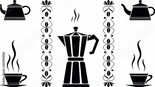 Black and white coffee themed illustration with teapots, coffee cups, and a moka pot design element silhouette