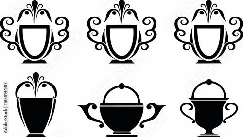 Illustration showing six black decorative urns and trophy cup designs on a white background pattern image silhouette