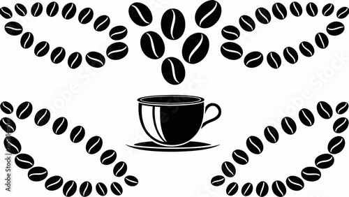 Coffee cup with coffee beans arranged in decorative patterns around it in a black and white design silhouette