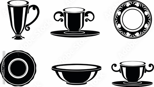 Illustration of various kitchenware including mugs, cups, bowls and plates in black and white style silhouette