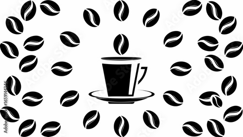 Illustration of a coffee cup on a saucer surrounded by coffee beans in a circular arrangement pattern silhouette