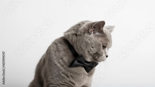 Gray Cat Portrait Wearing Black Bow Tie on White Background