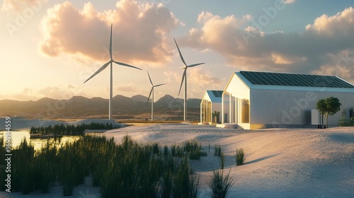 Sustainable modern home with wind turbines and solar panels on a desert landscape