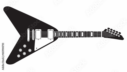 Illustration of a black and white electric guitar with a v shaped body and six strings shown