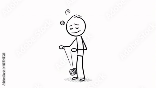 Animated Sad Stick Figure Playing Yoyo on White Background Expressing Loneliness Boredom Reflection and Emotion in Minimalist Cartoon Style Perfect for Educational Videos