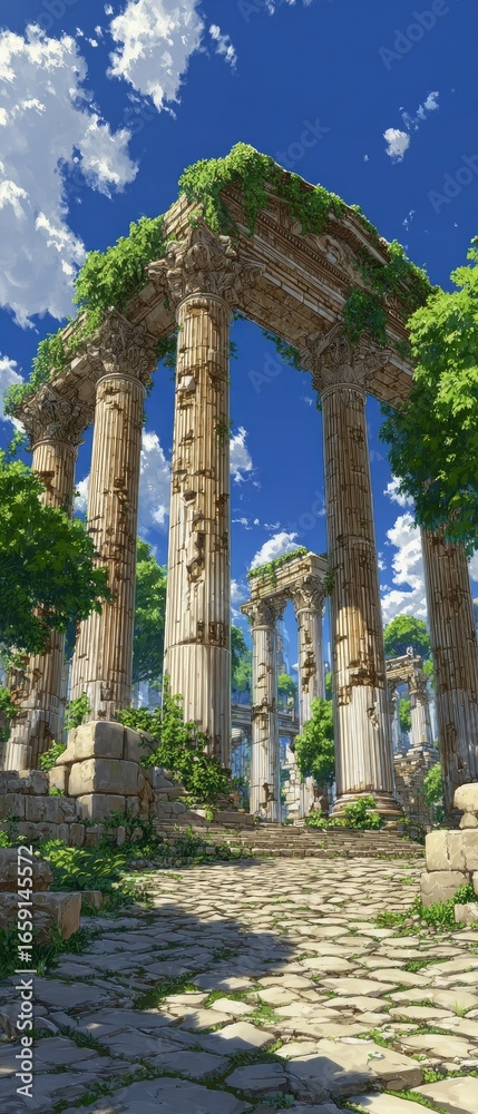 Obraz premium Sunlit stone path through overgrown ruins