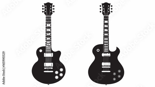 Two black electric guitars with detailed fretboards and hardware on a white background stand side by side