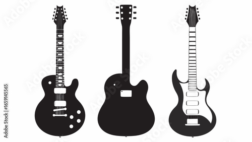 Three guitar silhouettes showcase varied designs against a plain white background in a simple graphic design