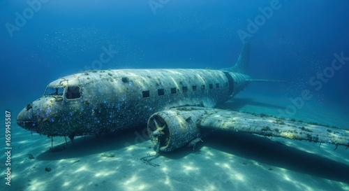 Sunken airplane wreckage lies on the sandy seabed underwater, covered in marine life and debris