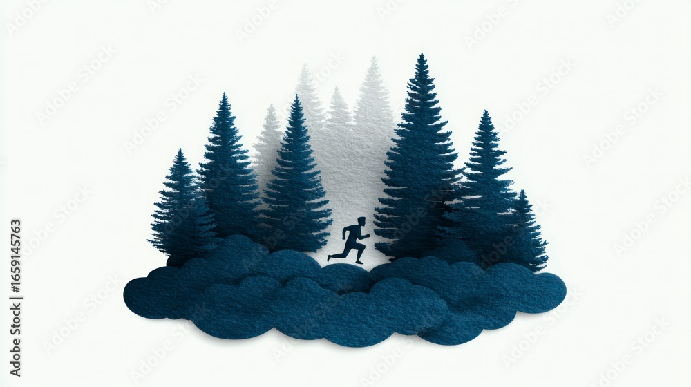 Obraz premium Silhouette of a person running amidst dark blue coniferous trees layered over clouds