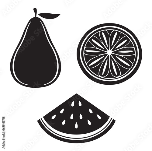Simple black silhouettes of a pear orange slice and watermelon wedge on a white background