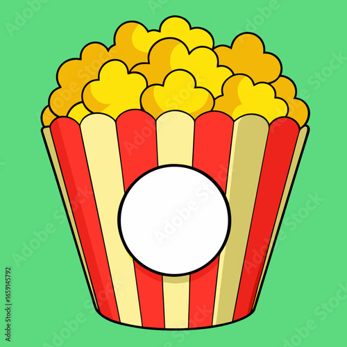 Striped popcorn container with yellow kernels on green background – Movie snack icon, cinema treat, entertainment food, stylized popcorn illustration, leisure concept, casual dining visual