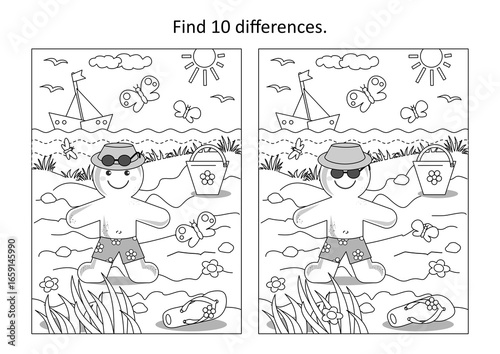 Gingerbread man in summer on a beach find ten differences picture puzzle and coloring page
