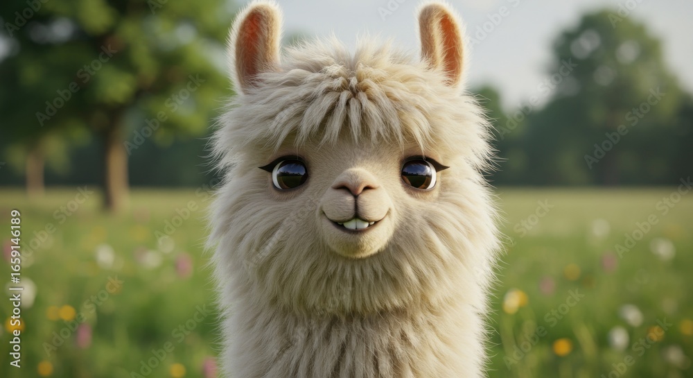 Naklejka premium A fluffy llama with big, expressive eyes and a gentle smile gazes directly at the viewer, set against a blurred meadow backdrop