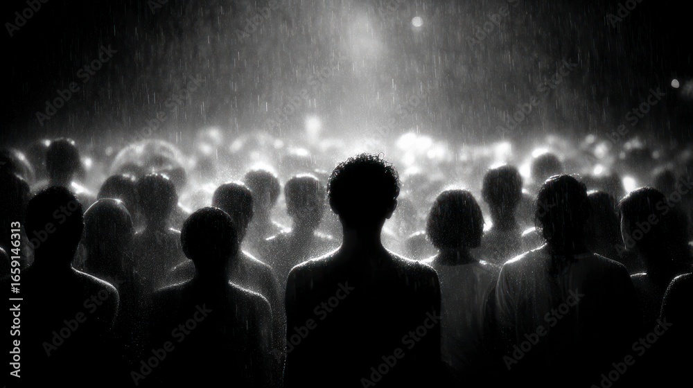 Naklejka premium Silhouetted crowd bathed in light amidst pouring rain dramatic atmosphere
