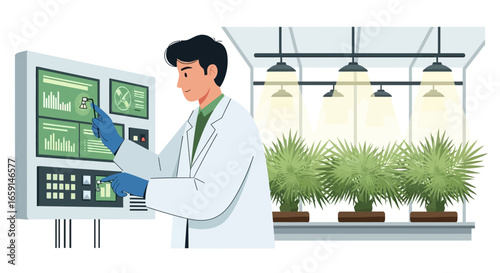 Scientist monitoring plant growth data in controlled greenhouse environment