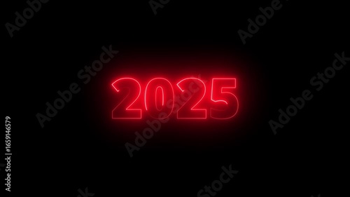 2025 Happy new year 2025 neon red animated black background greetings happy new year 2025 fireworks neon red text 4k looping.