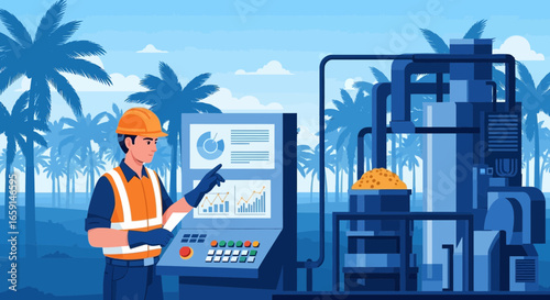 Palm oil production plant operator overseeing data on control panel interface