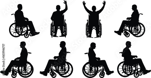 Silhouettes of people in wheelchairs, diverse poses, black isolated figures, disability inclusion, mobility aid, healthcare concept, accessible lifestyle, independence
