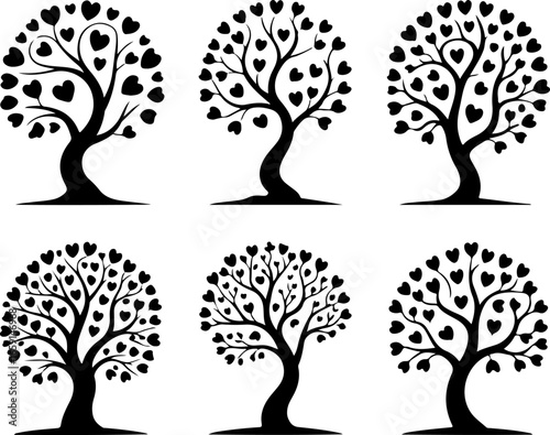 a set of six minimalist black silhouette tree illustrations on a pure white background