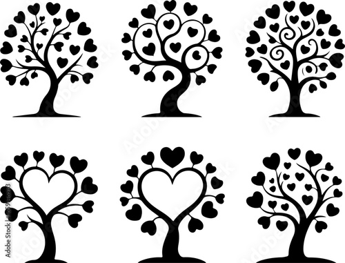 a set of six minimalist black silhouette tree illustrations on a pure white background