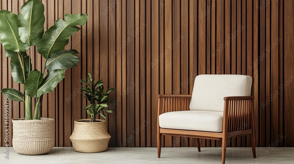 Fototapeta premium Wooden wall, lounge chair, and plants