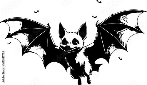 Playful bat flying through the night sky urban environment graphic whimsical