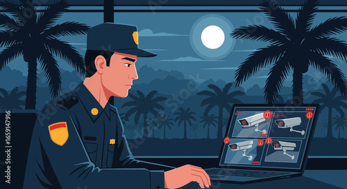 Vigilant security guard monitoring surveillance cameras on a laptop screen