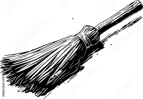 Spring cleaning action with handmade broom cozy home indoor setting close-up view vintage craftsmanship