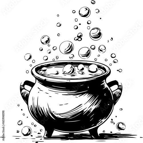 Bubbling cauldron of enchantment fantasy realm whimsical aerial perspective magic imagery